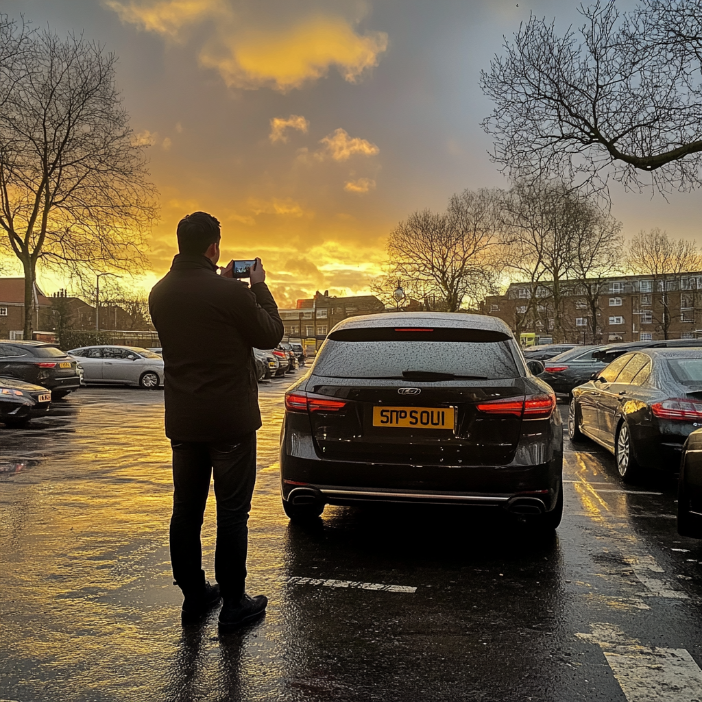 Amateur photo of man in London parking lot.