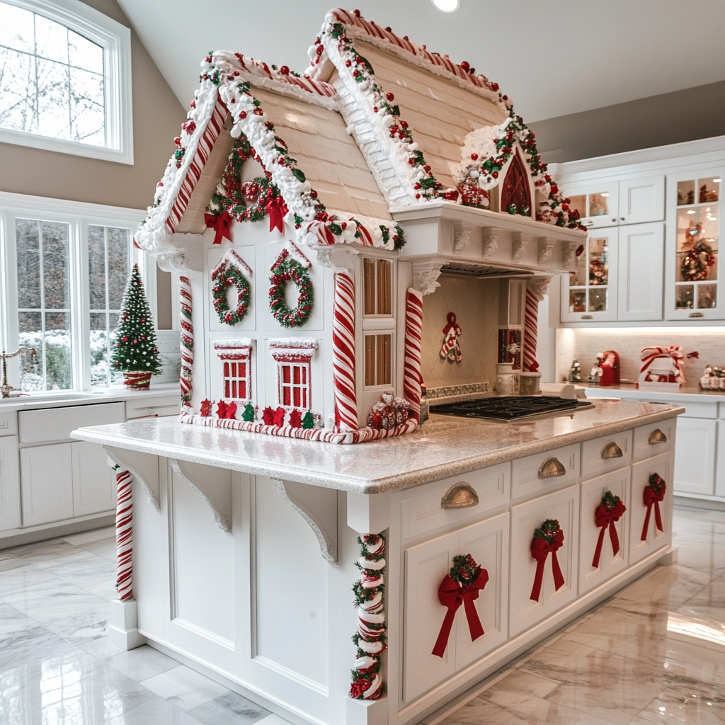 Amazing gingerbread Christmas decorations in modern kitchen.