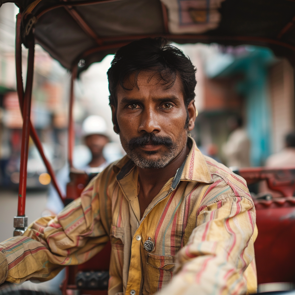 Amazon assistant chatting with angry customers while driving rickshaw.