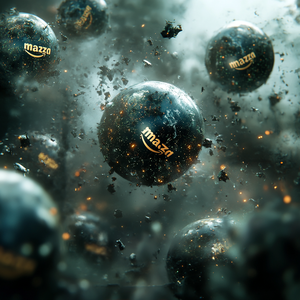 Amazon logo globes explode in chaotic space scene.