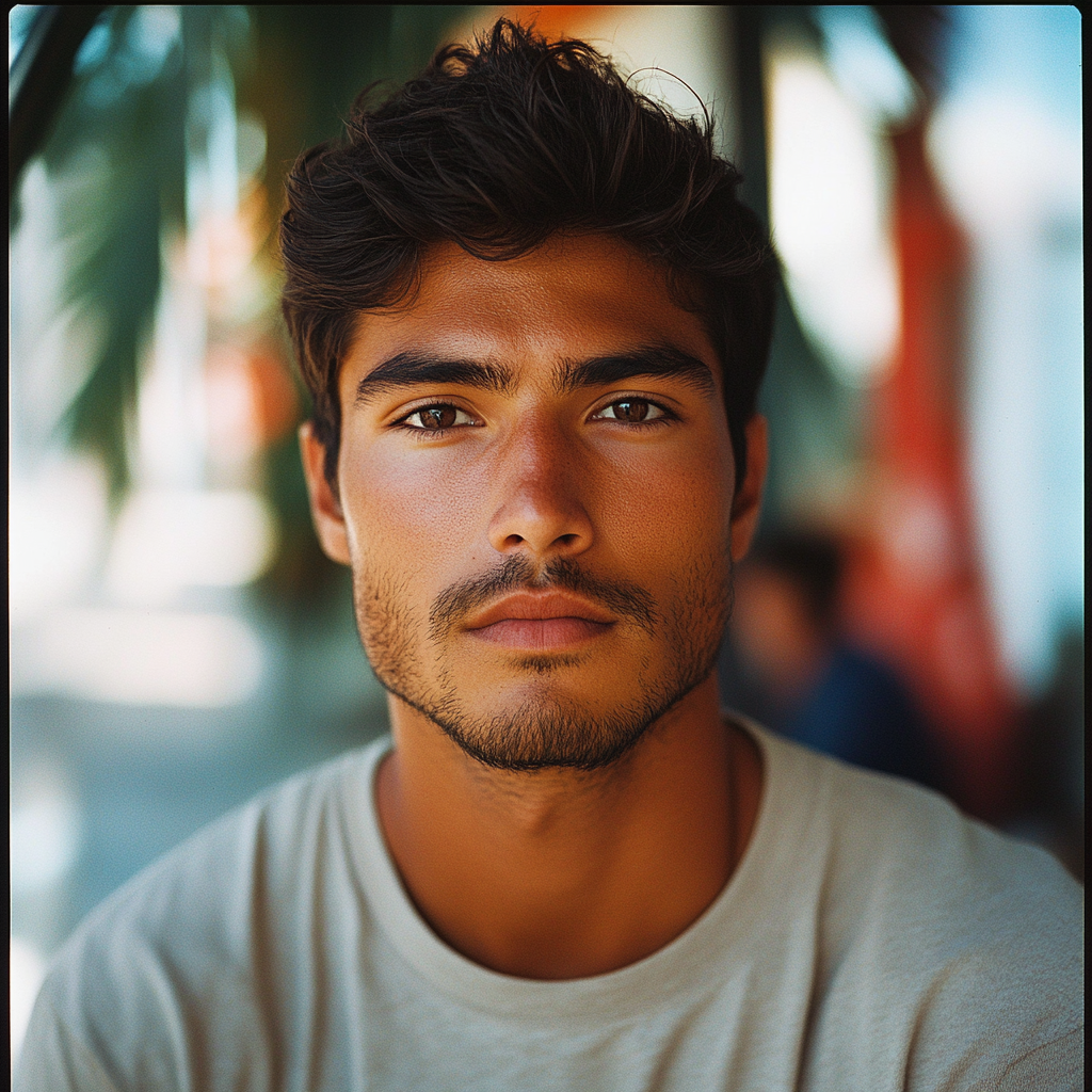 American-Mexican-Portuguese man with oblong face. Dark brown hair, eyes, tan skin. Plain t-shirt. Kodak Portra 160 film.