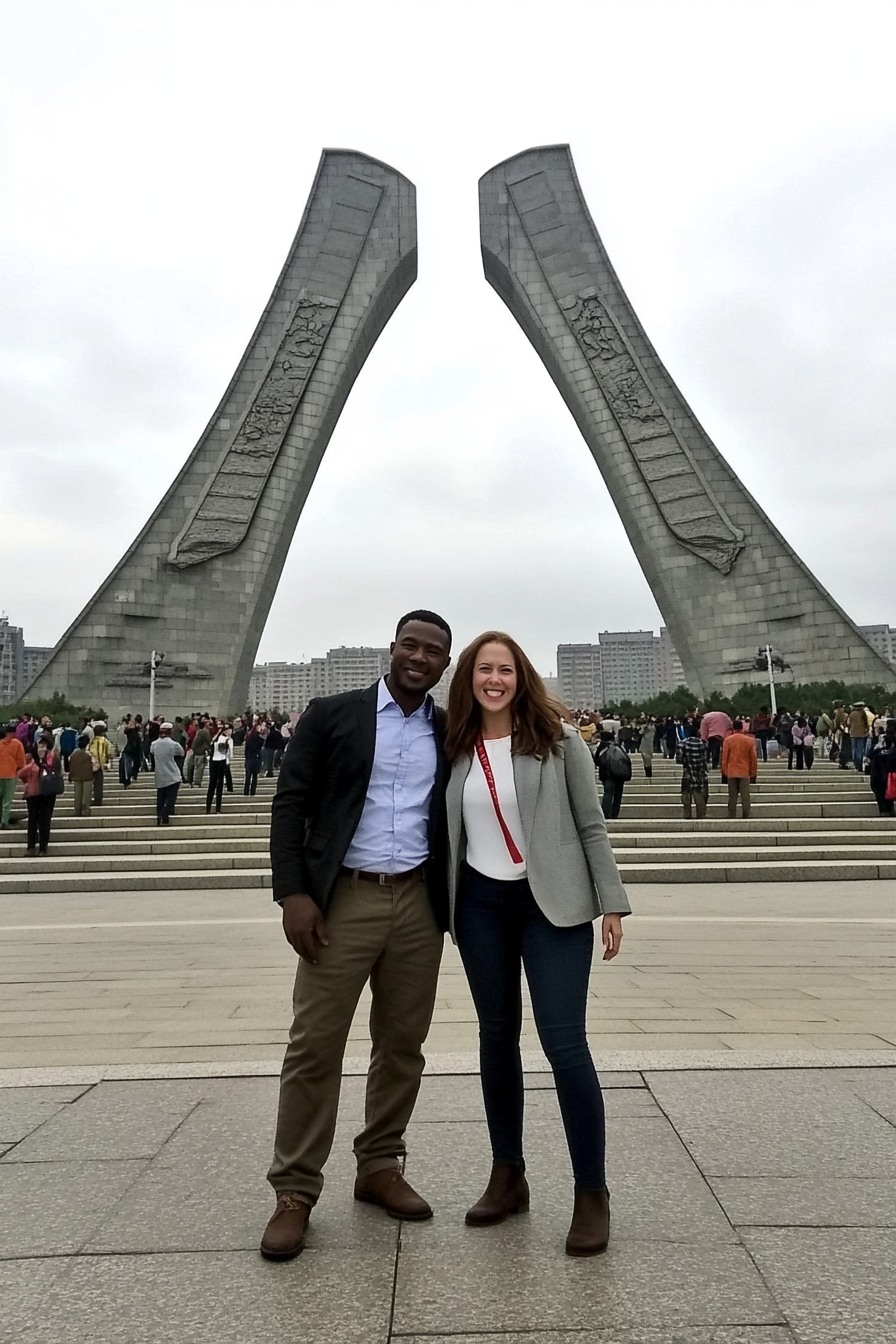 American couple at Reunification Arch with North Koreans in background.