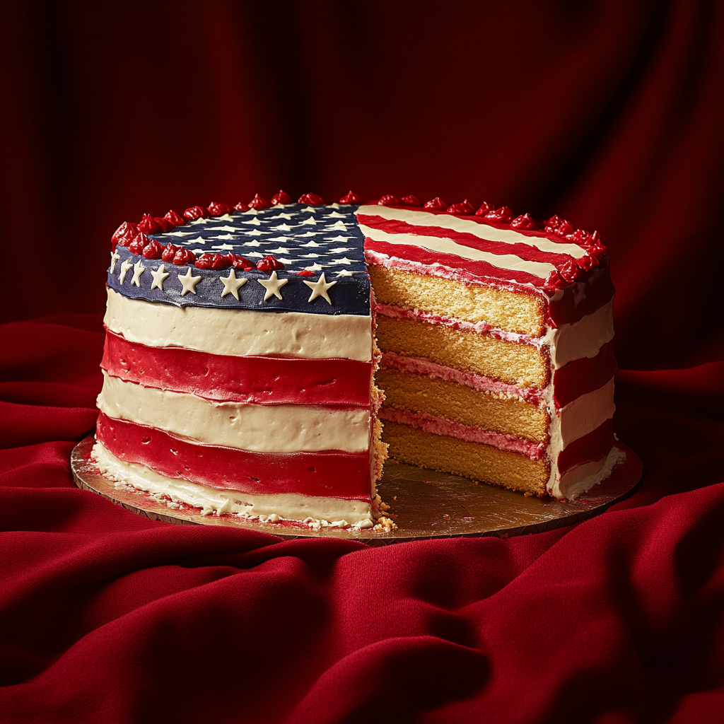 American flag cake showcasing deliciousness and increasing desire.