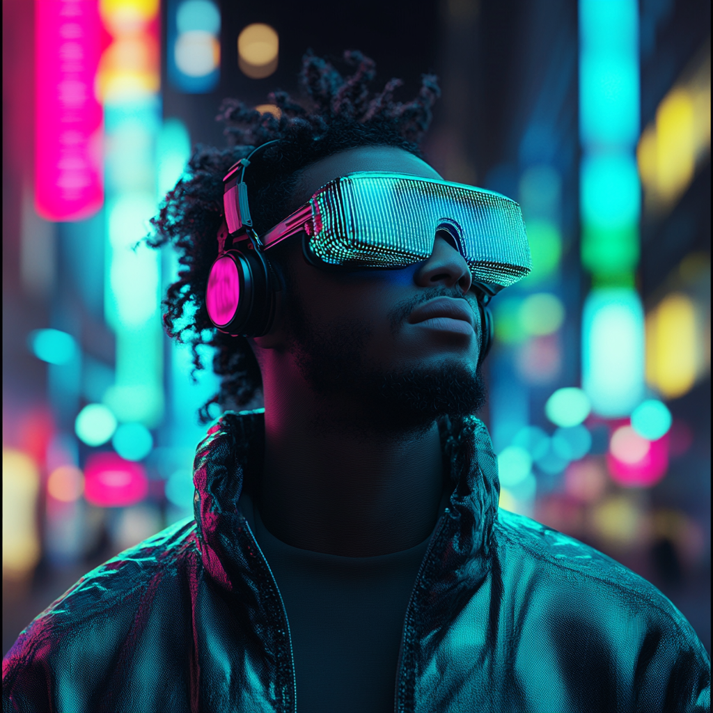 American man with VR headset in cyberpunk city.