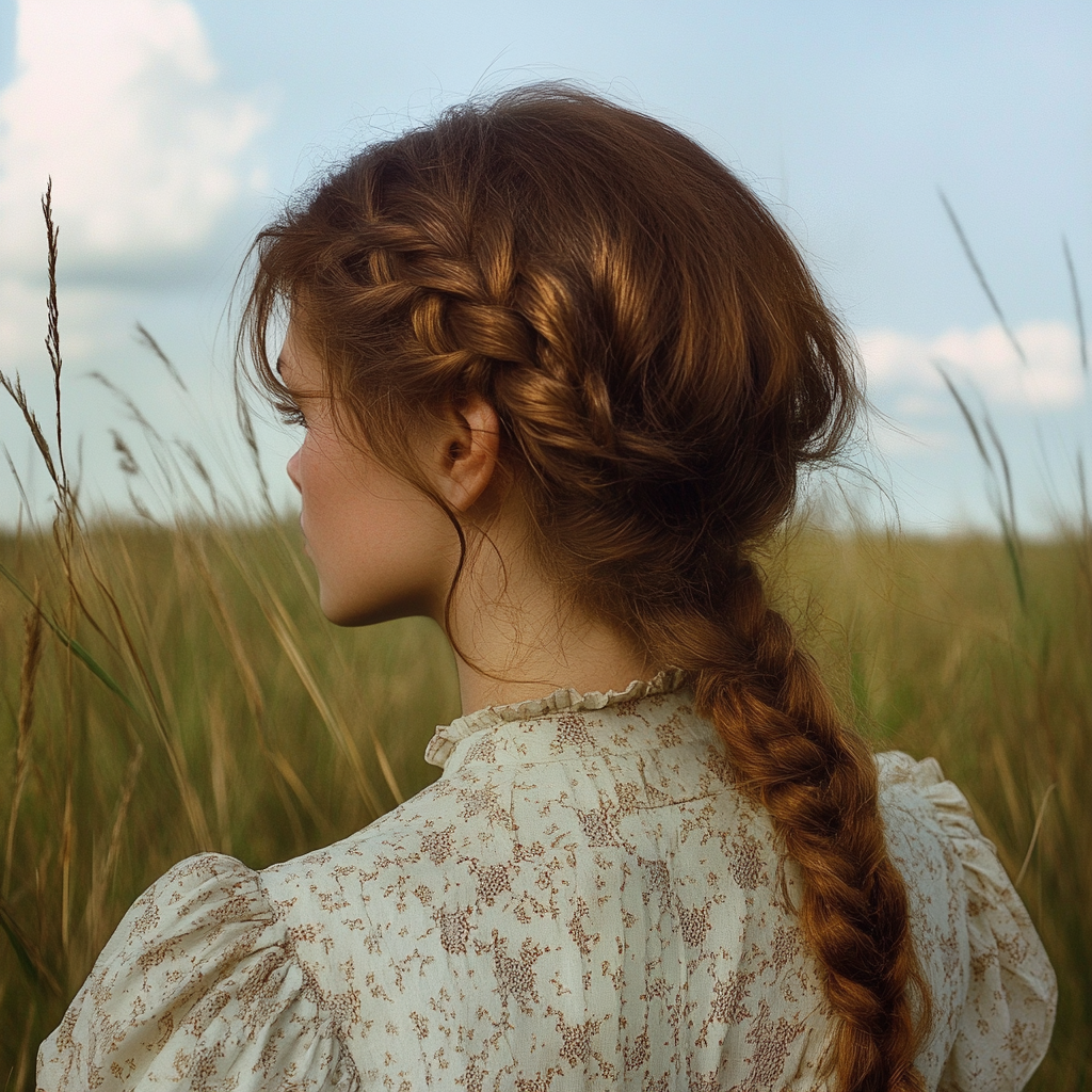 American pioneer woman with brown hair and braids gazes.