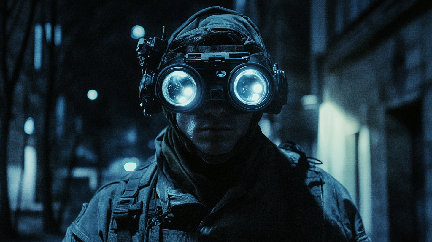 American soldier in Berlin uses futuristic night-vision goggles.