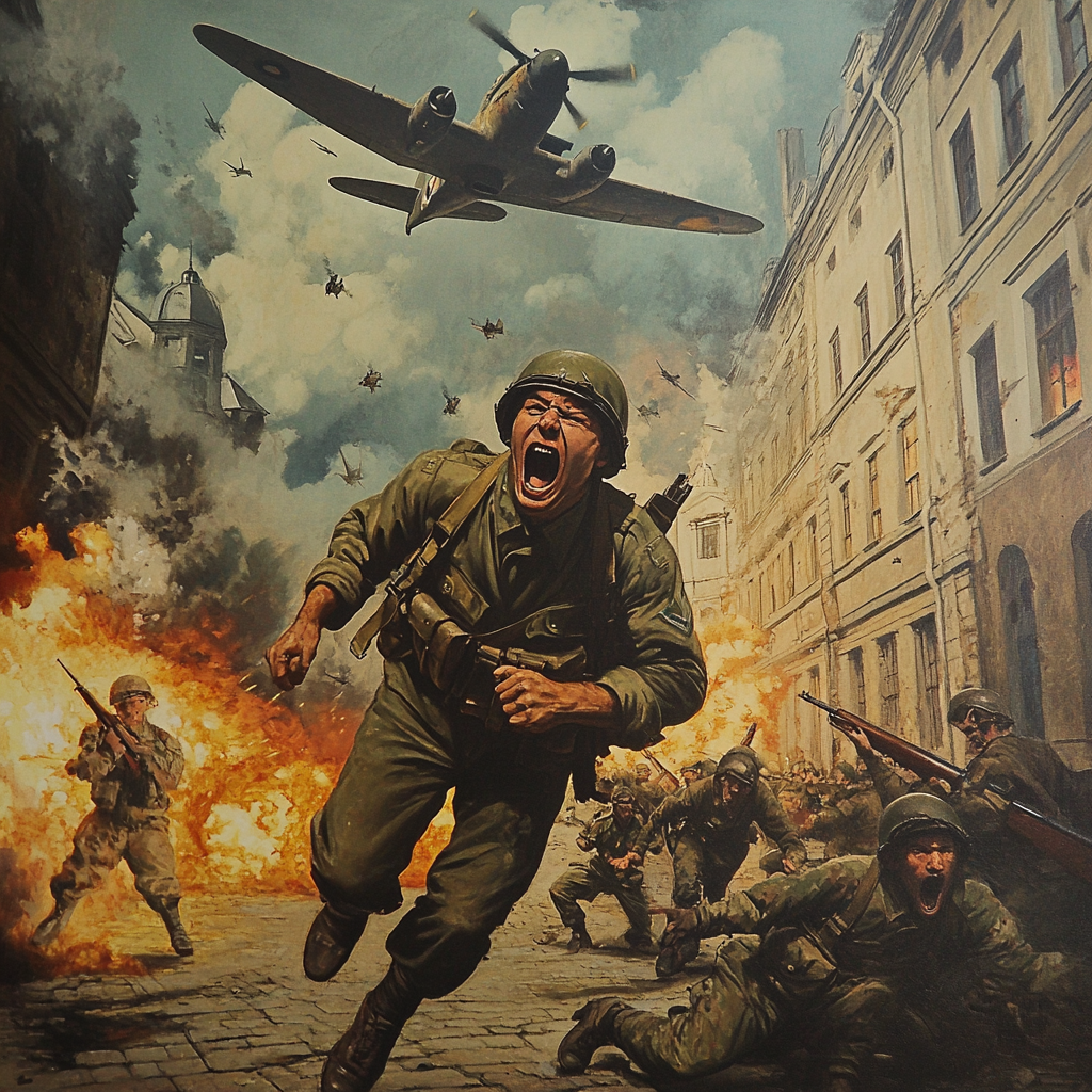 American soldier screams, explosions, planes, medic, civilian, teammates Vilnius.