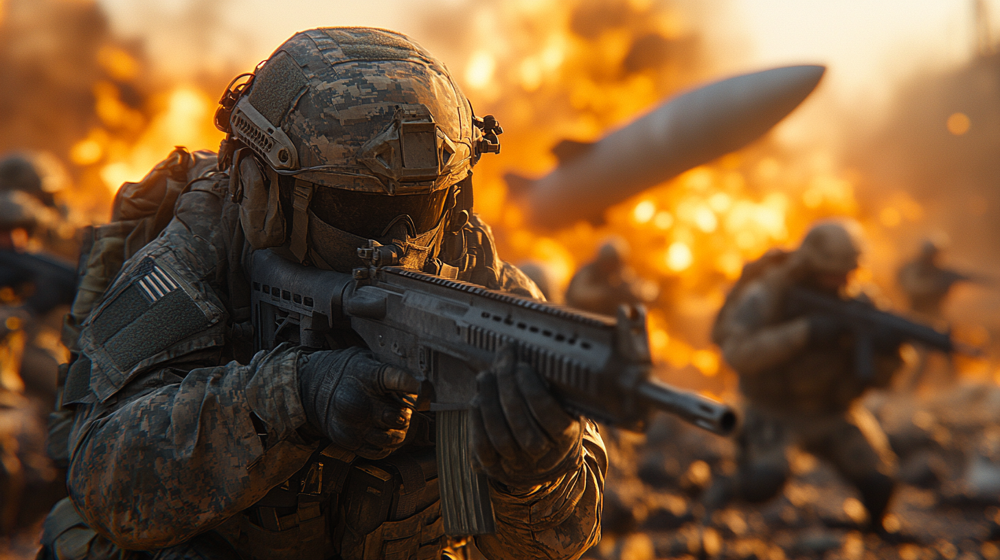 American soldier with gun standing amidst destroyed enemy base.