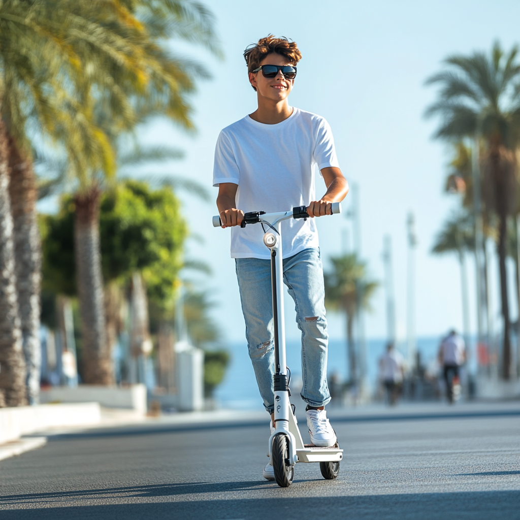 American street with boys riding electric scooters.