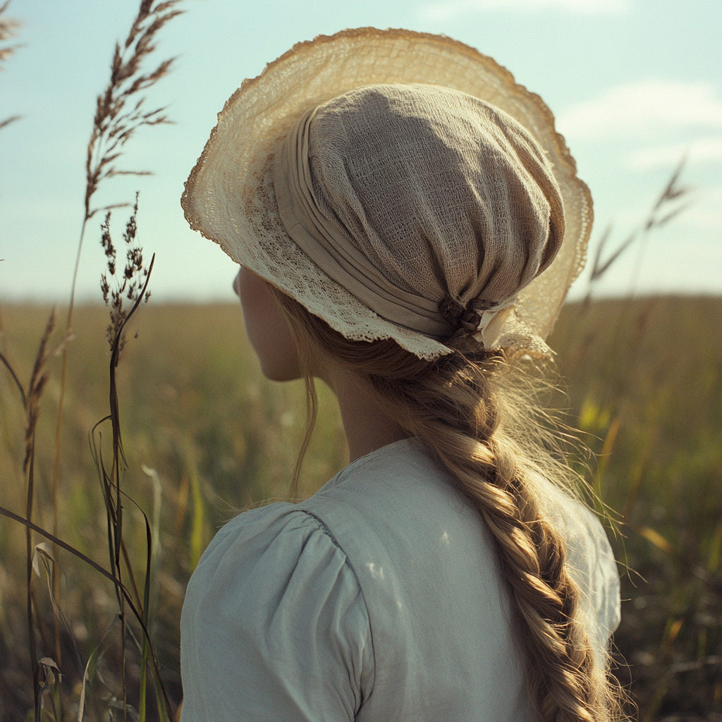 American woman pioneer in sunbonnet, gazing at prairie grasses.