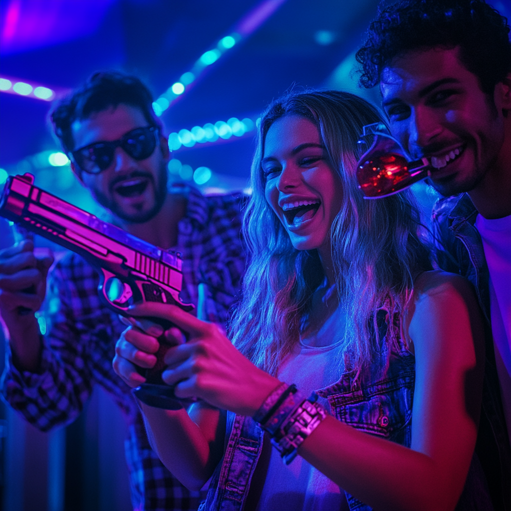 Americans partying with toy gun under blue and purple lights.