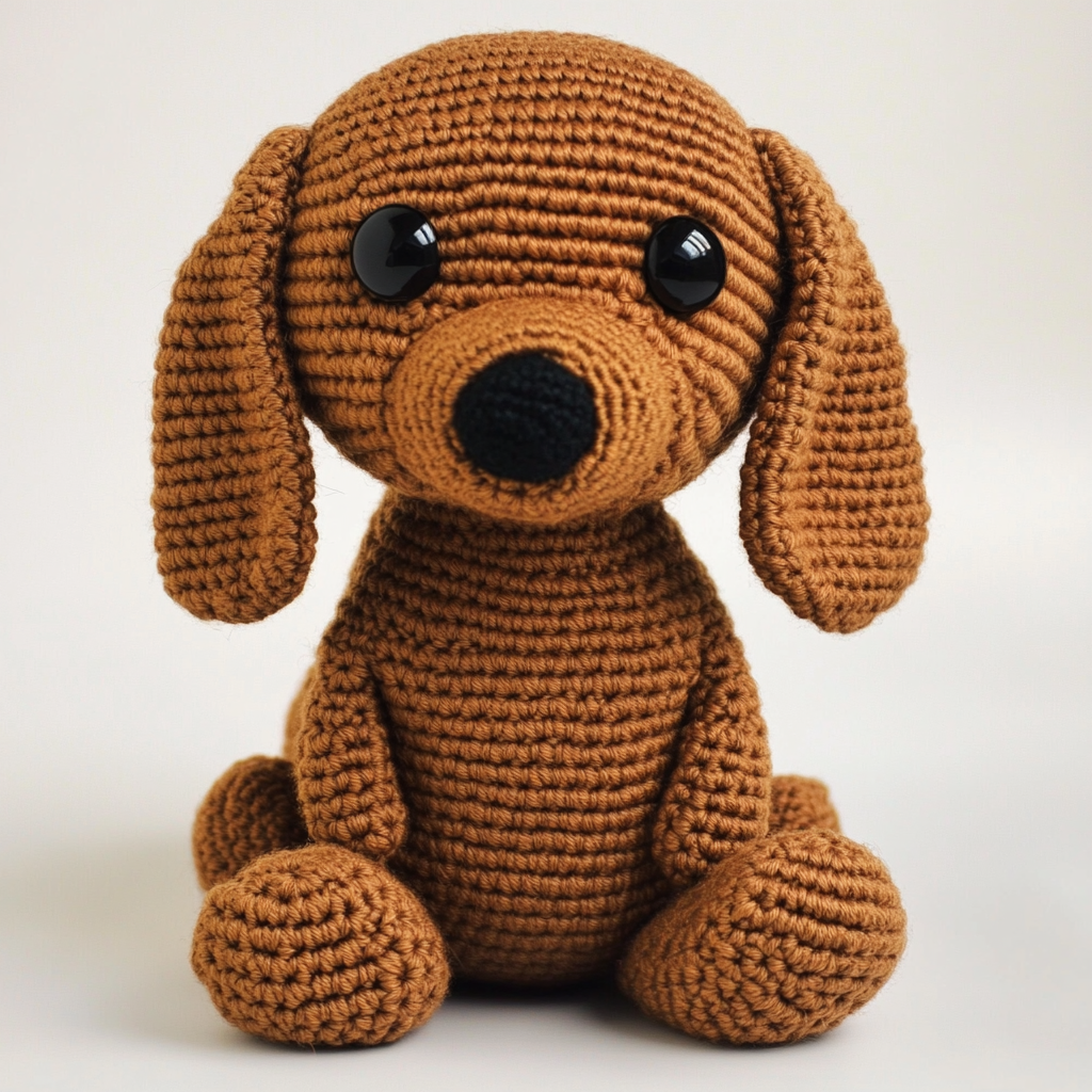 Amigurumi Dachshund named Pipoca, fluffy body, floppy ears.