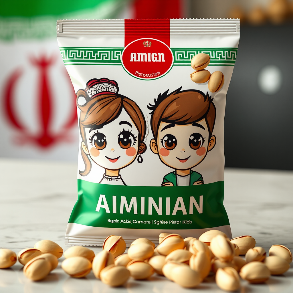 Aminian Pistachio Package: Iranian Girl and Boy Cartoon