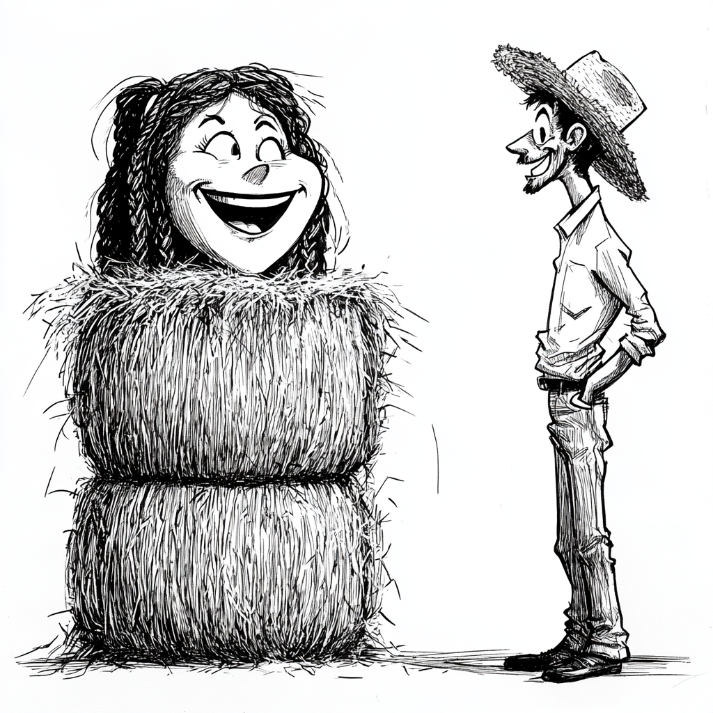 Amused Man and Laughing Woman in Hay Bales