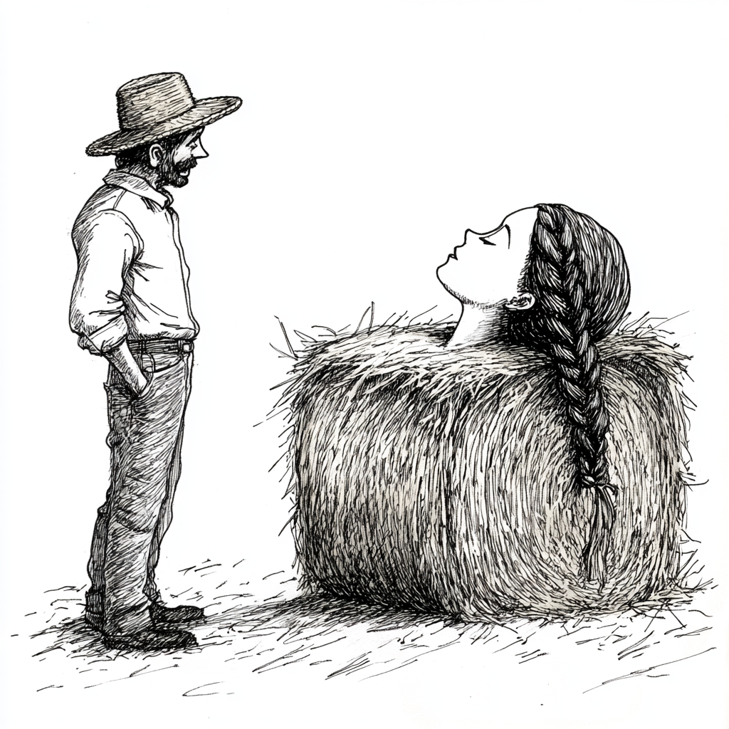 Amused Man with Hay Bale Woman Drawing - Black and White