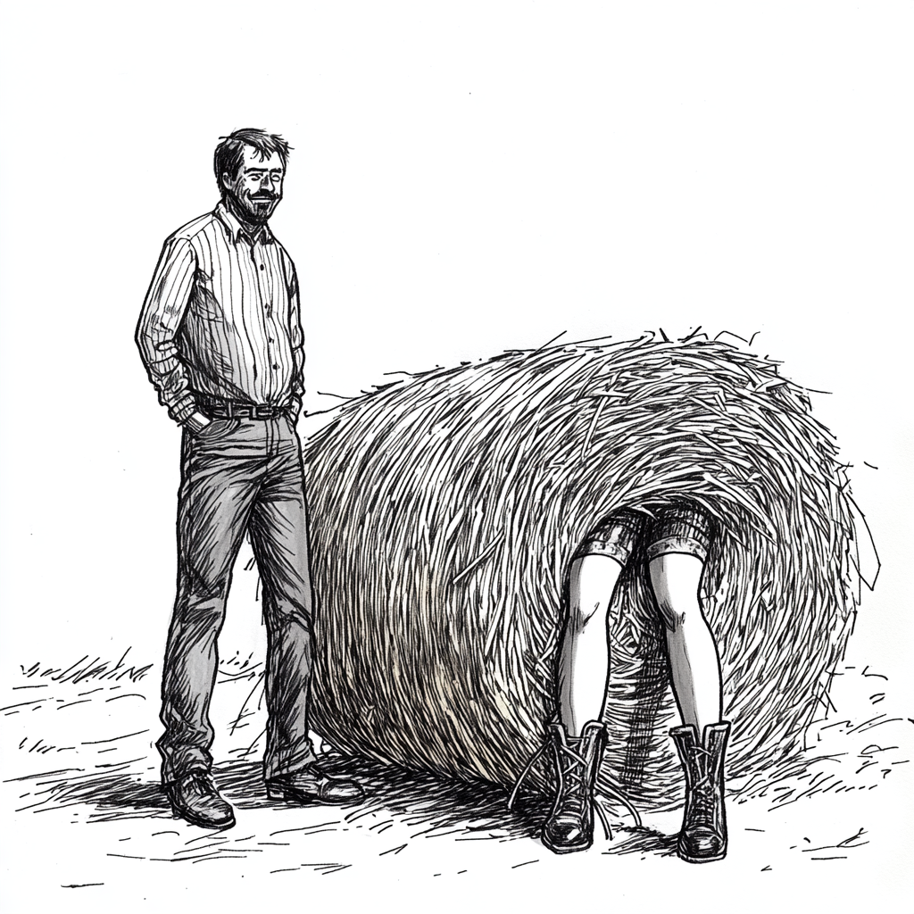 Amused man by bales of hay with woman legs.