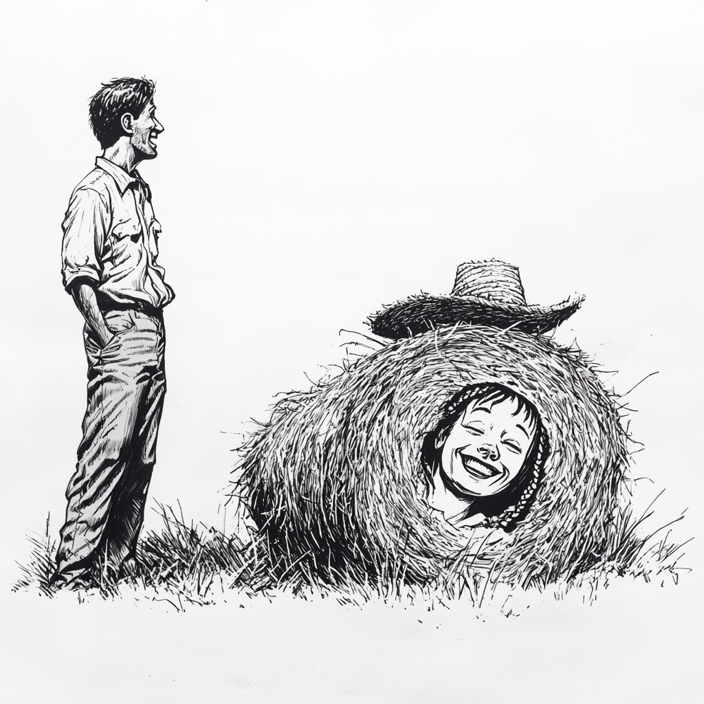 Amused man with woman head in hay drawing