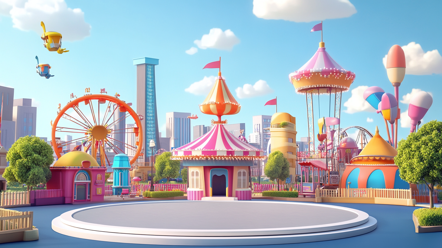 Amusement park with cute 3D cartoon style buildings.