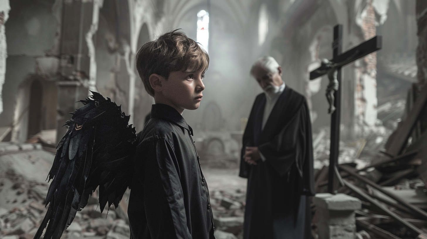 An 11-year-old boy with black wings, priest, destroyed church.