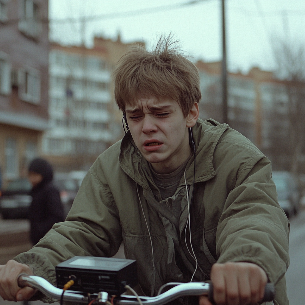 An 18-year-old boy riding a bike and crying