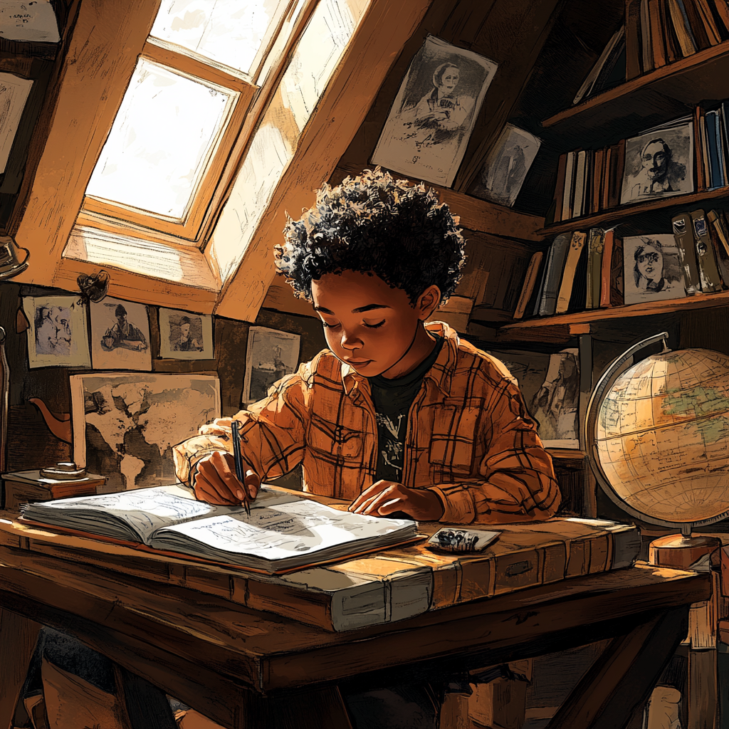 An 8-Year-Old Writes Story in Cozy, Attic Room