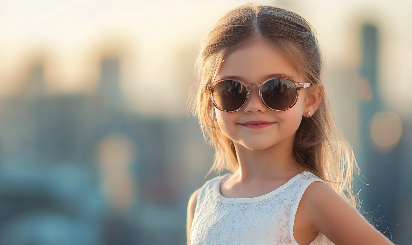 An 8-year-old girl in white dress and sunglasses, with blurred city background, in hyper-realistic photo with natural light.