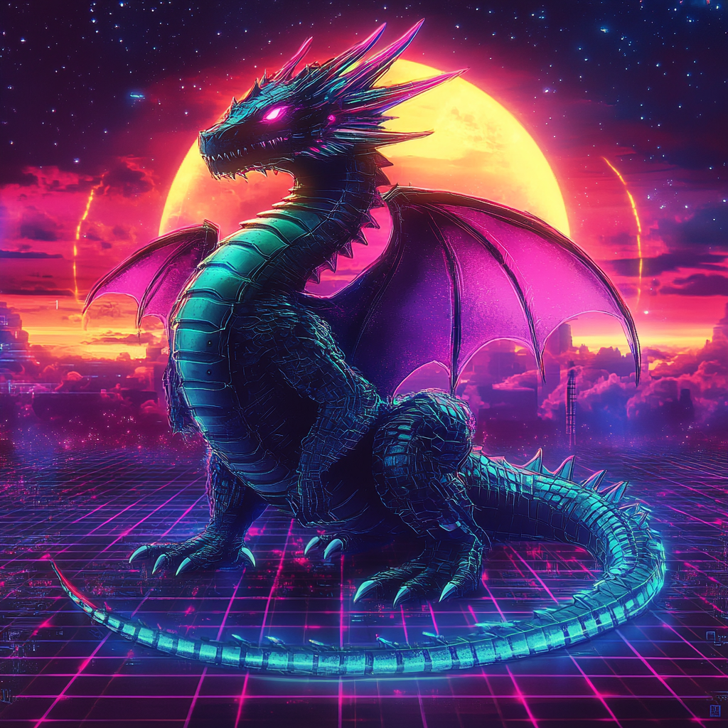 An 80s style dragon in neon colors