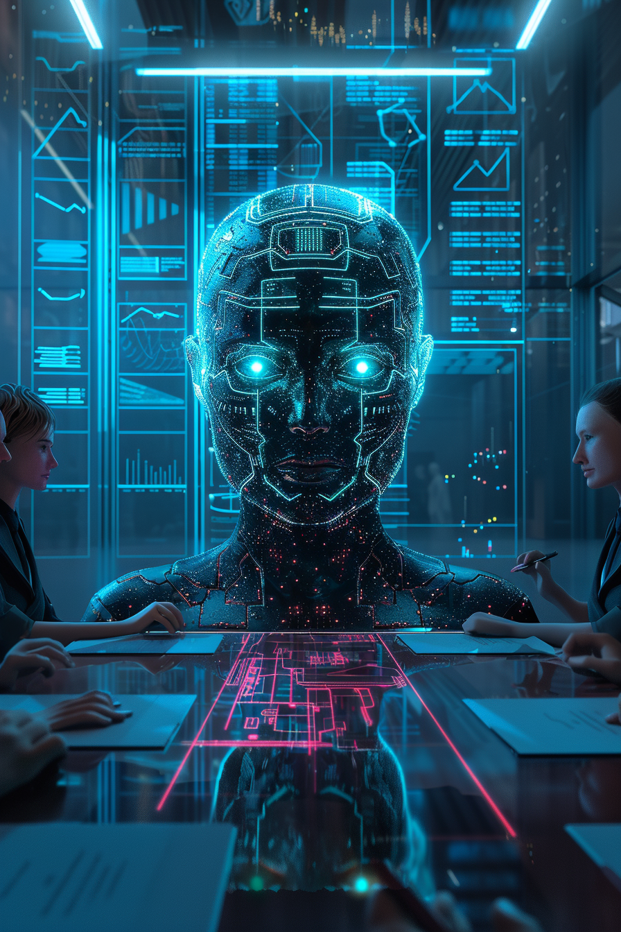 An AI Manager Leads a Futuristic Board Meeting