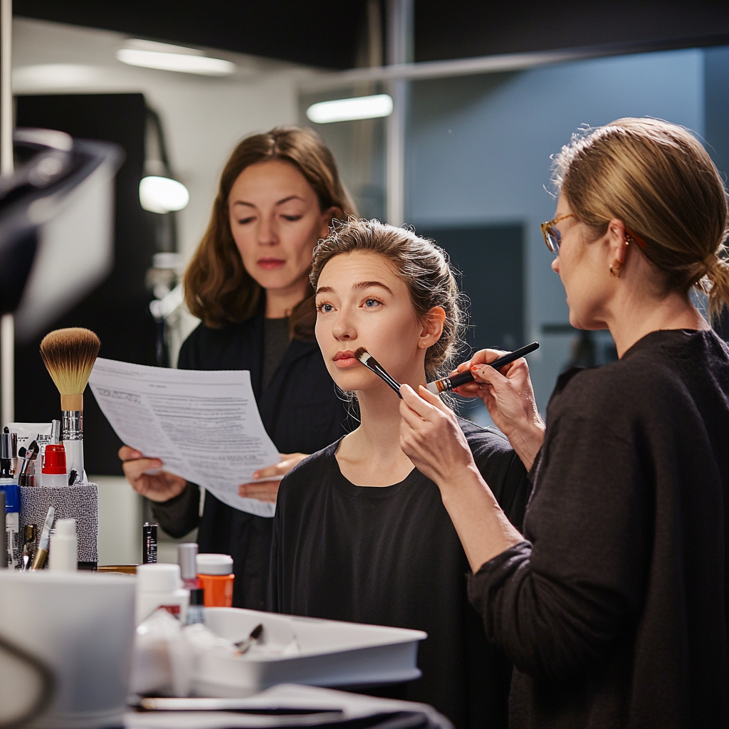 An Actress Getting Makeup Done by Staff, Neutral Expression