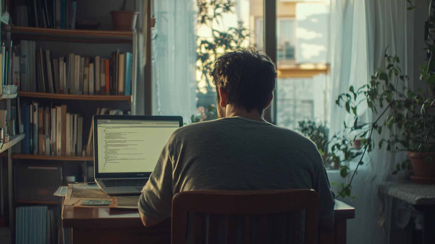 An Adult Man Using Computer at Home Afternoon