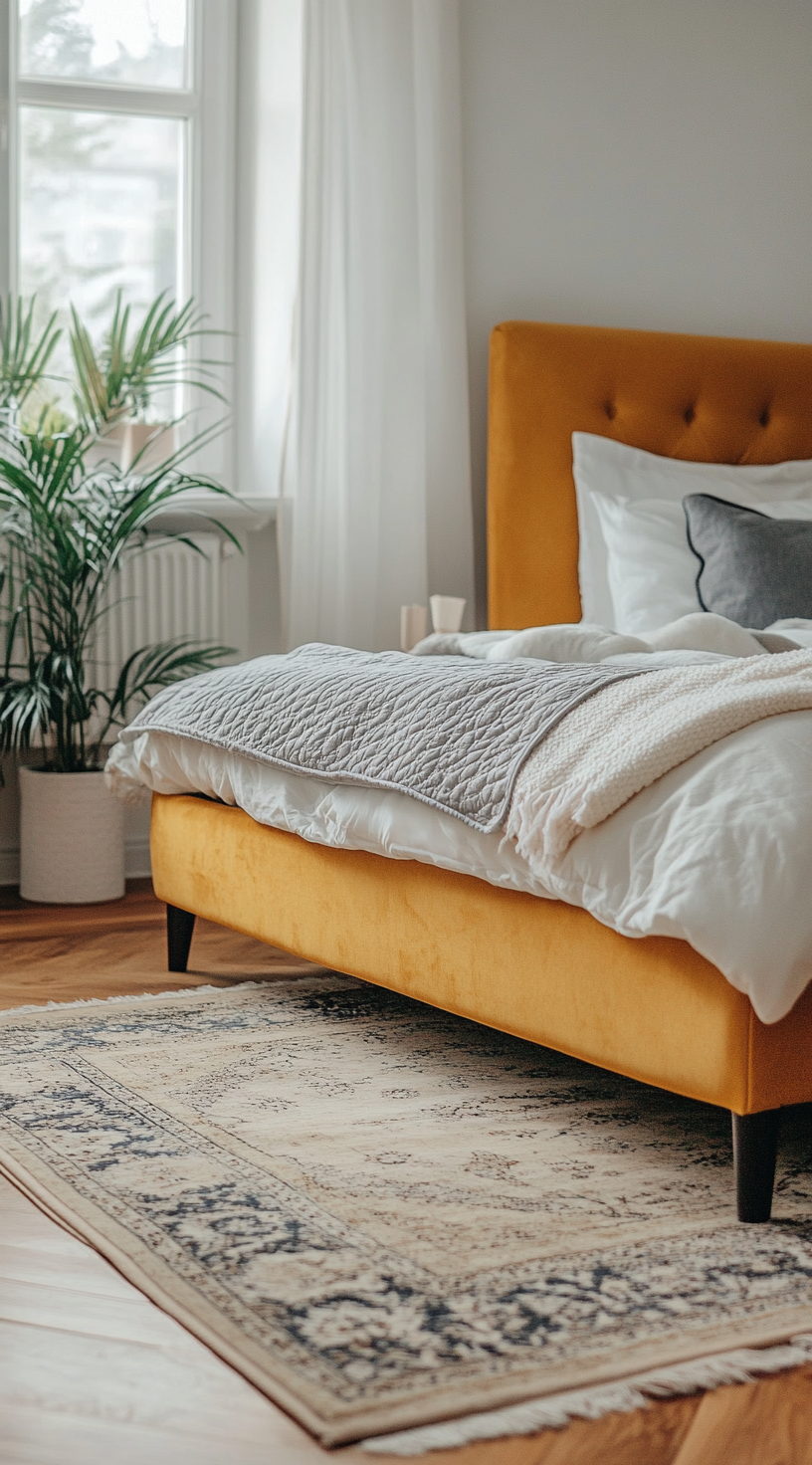 An Aesthetic Bedroom with Yellow Bed and Plant