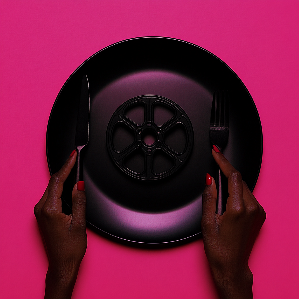 An African Woman with Movie Reel Plate, Fork & Knife