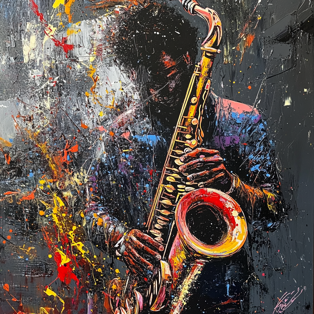 An African man playing saxophone in abstract art.