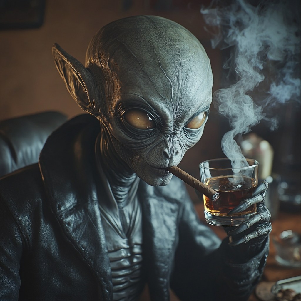 An Alien smoking, drinking whiskey in space