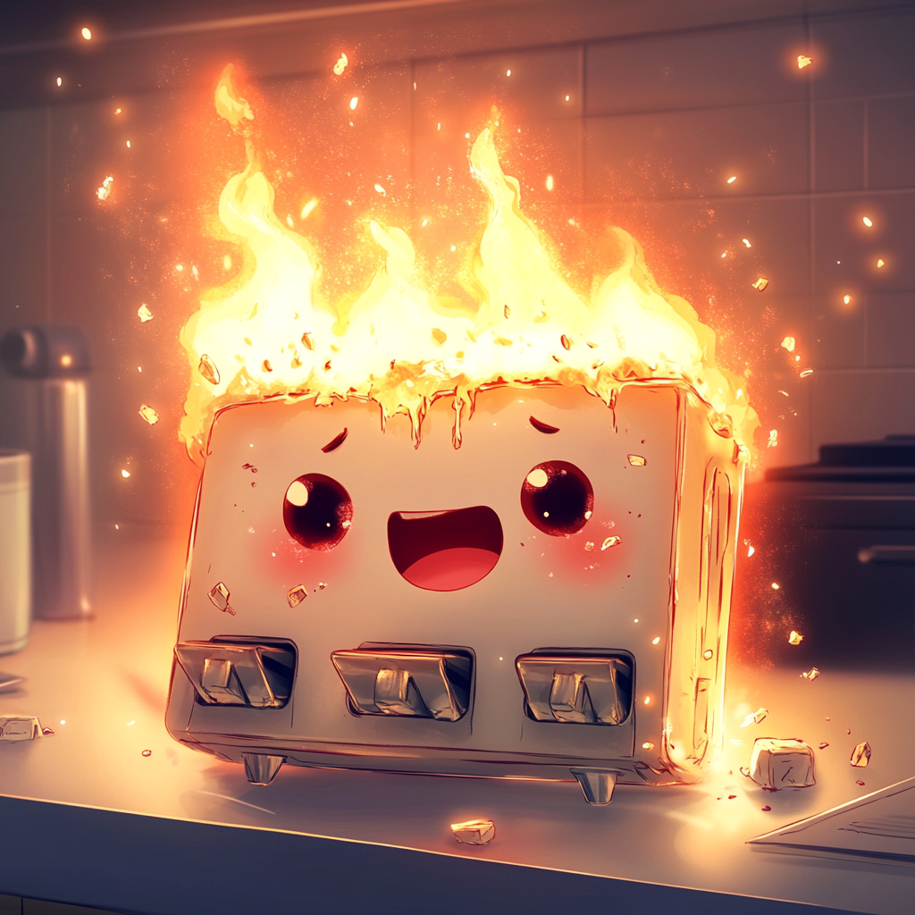 An Anime Toaster in Cute Distress from Fire