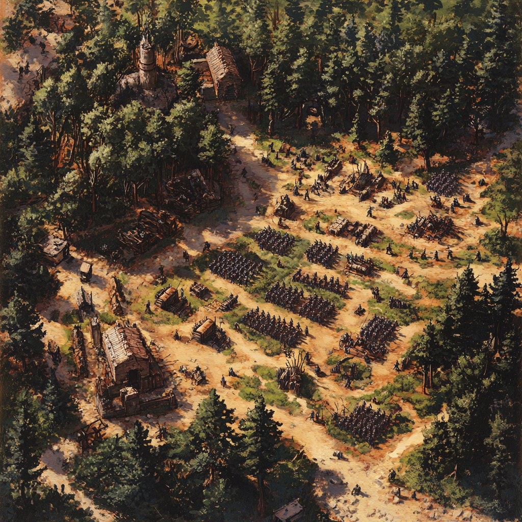 An Army Camp Battle Map with Weapons in Forest