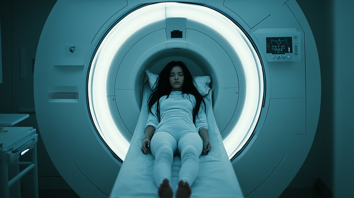 An Asian girl in MRI machine in lab.