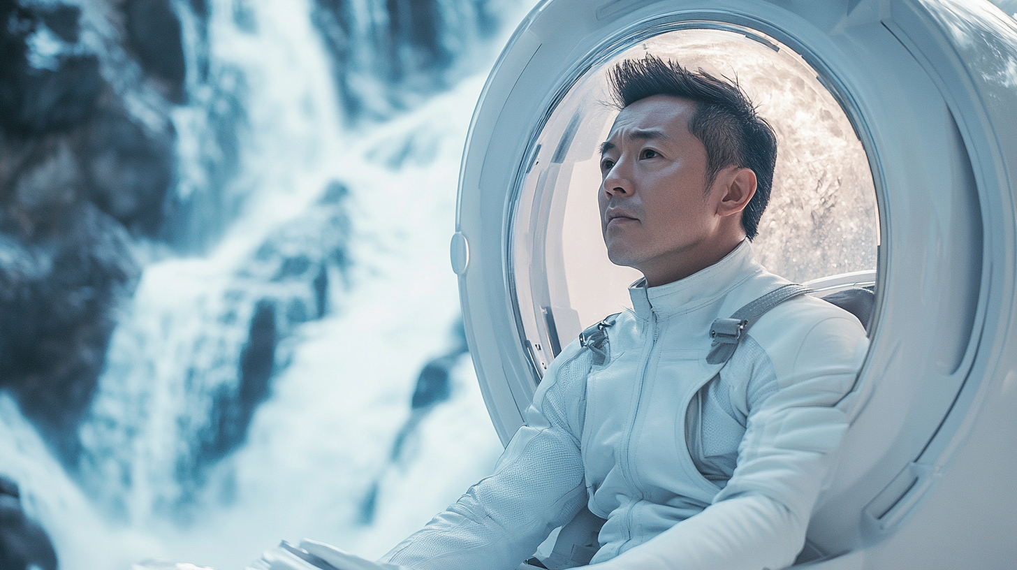 An Asian man in a white space suit viewing waterfalls in a starship.