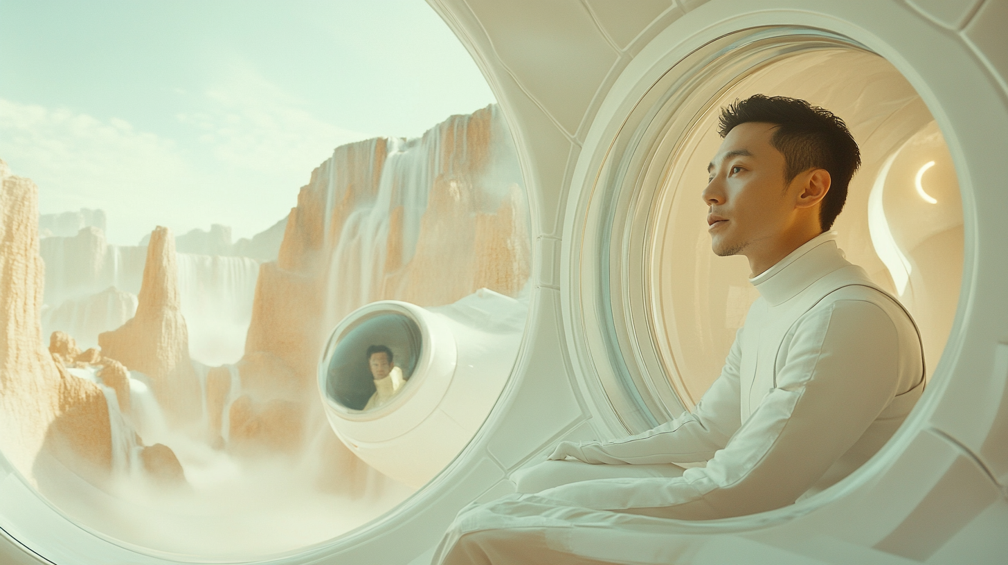 An Asian man in futuristic spaceship looking outside.