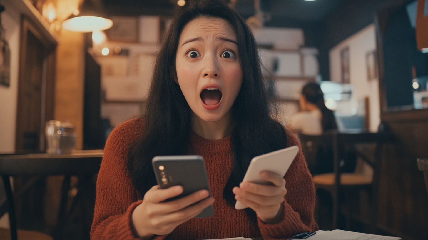 An Asian woman excitedly managing finances at cafe