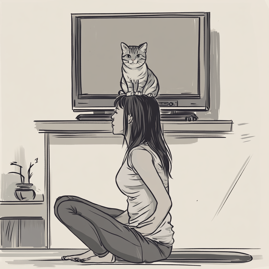 An Asian woman watching TV with cat on head