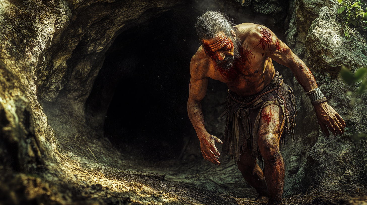 An Aztec leader hurt in forest cave entrance.