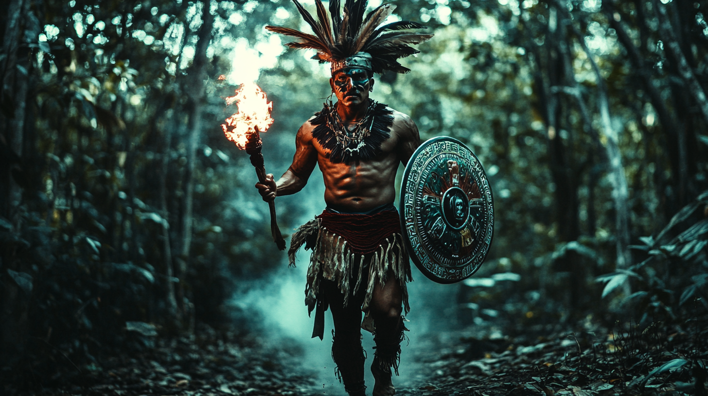 An Aztec leader nervously approaches forest cave entrance.