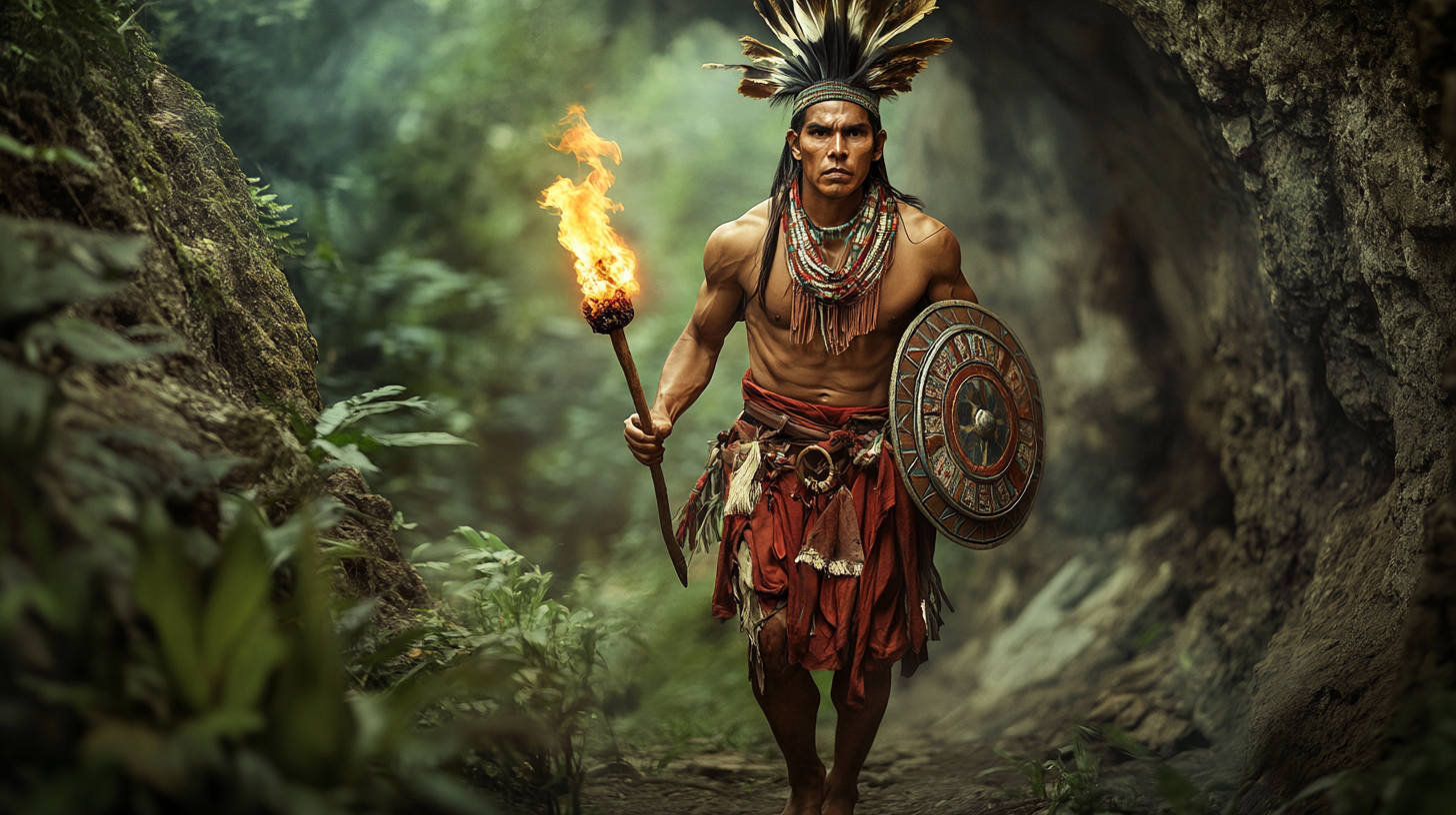 An Aztec leader with torch and shield in cave.