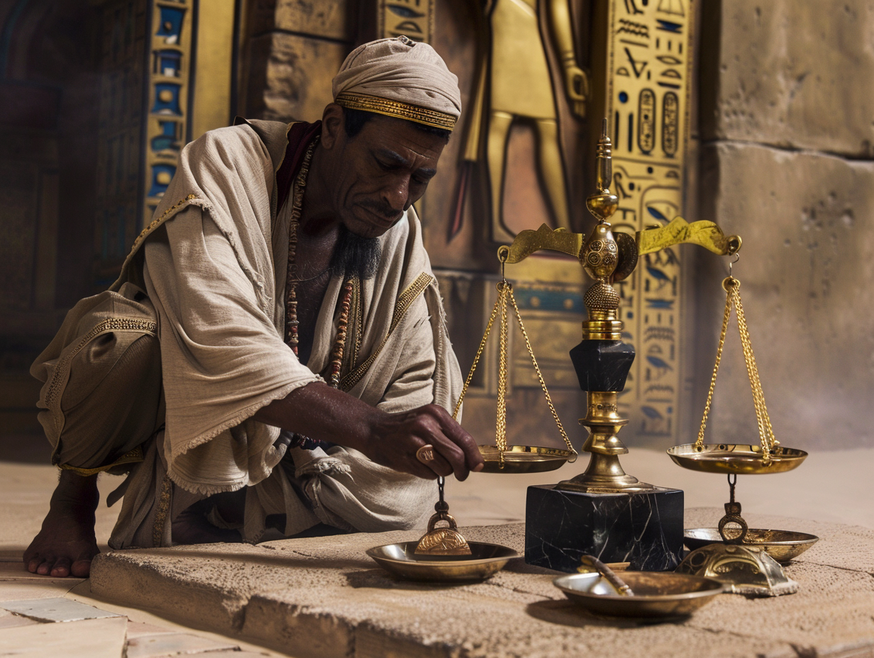 An Egyptian priest adjusts ancient gold scales.