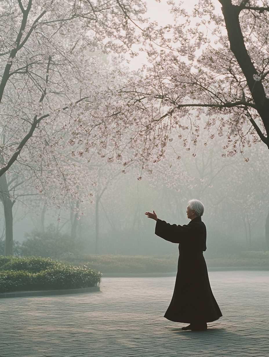 An Elderly Woman Practicing Tai Chi at Dawn