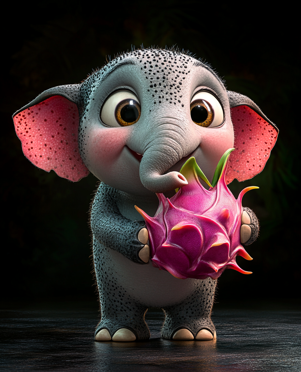 An Elephant holding dragon fruit on black background