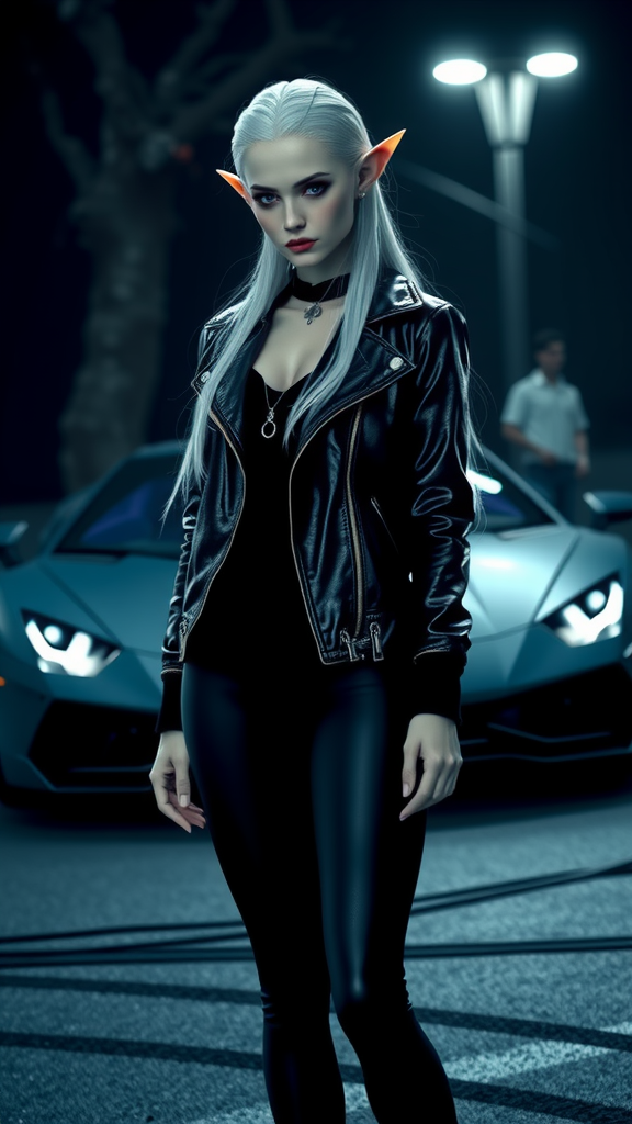 An Elf Girl Standing by a Lamborghini Car