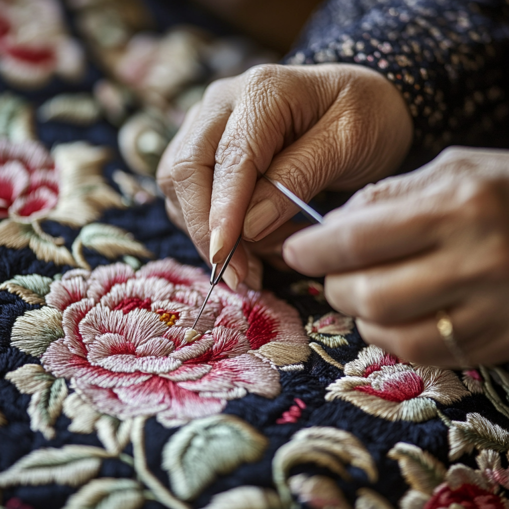 An Embroidery Craftsman Creating Beautiful Peony Patterns