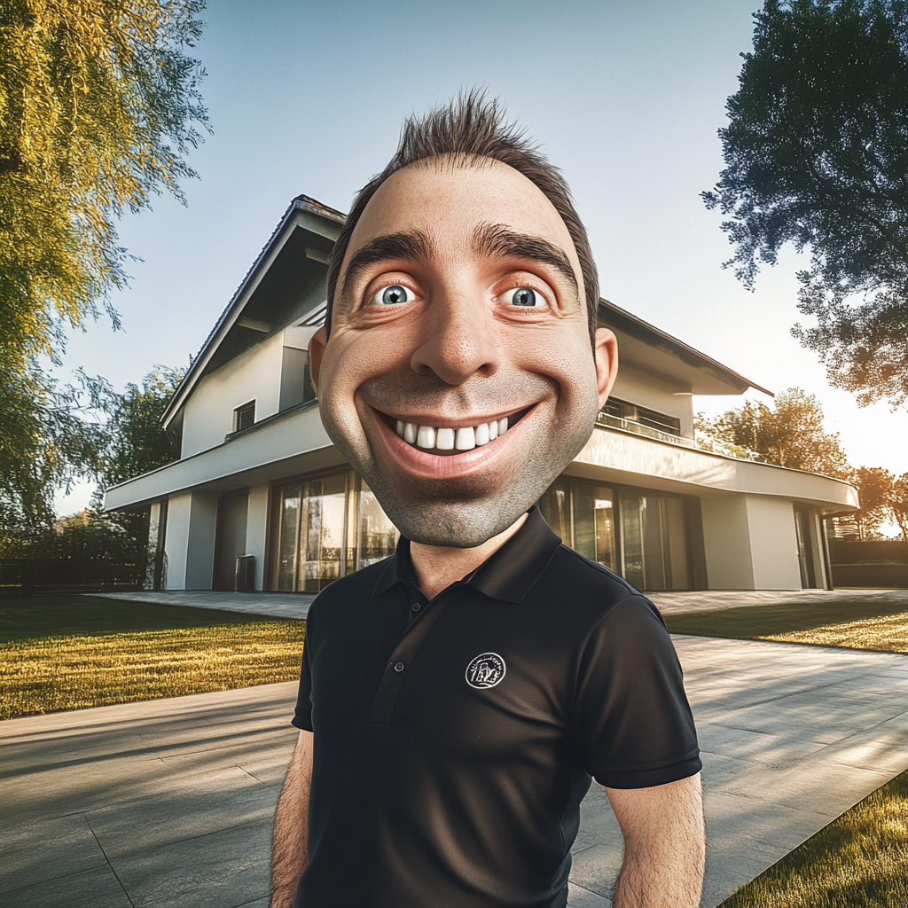 An Engineer in a Black Shirt Caricatureistic Smile